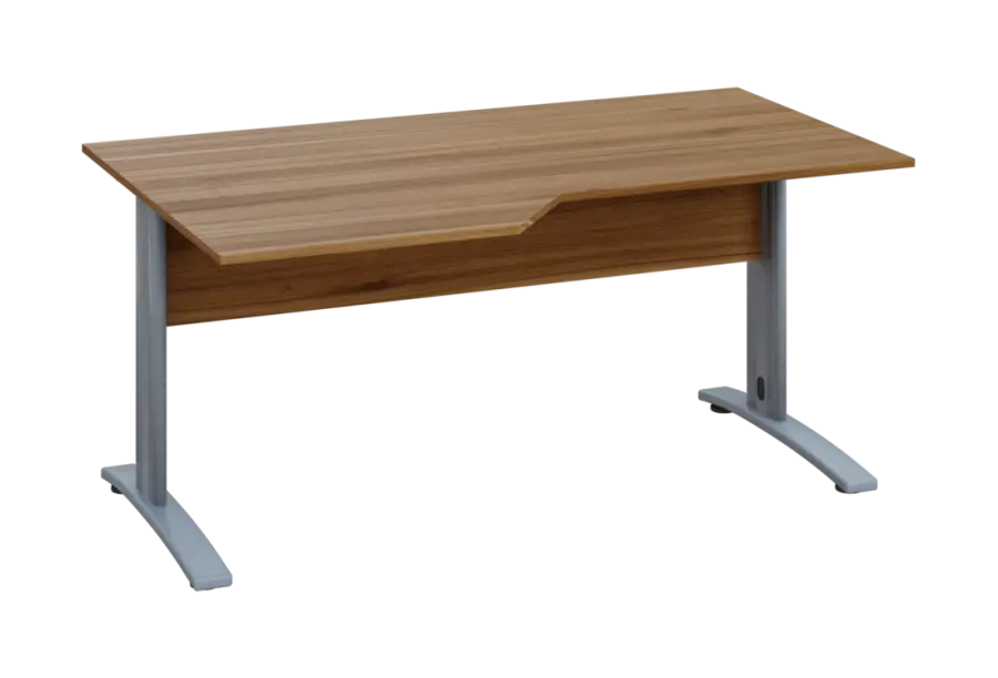 EZK 28 - 166 stůl kancelářský, rohový, levý, kovová podnož stříbrná, deska 25 mm, široký 1600 mm, ořech světlý